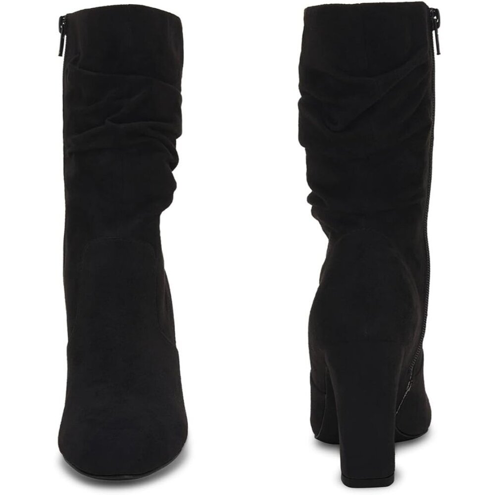 Women's Black Microfiber Mid Calf High Chunky Heel Block Rounded Toe Booties - Picture 6 of 6